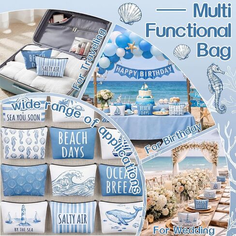 Hillban 12 Pcs Bulk Ocean Makeup Bags for Women Coastal Beach Themed Cruise Gift Bachelorette Party Favors Blue Seashell Cosmetic Pouches Sea Survival Kits for Travel Summer Vacation Gifts Supplies in Saudi Arabia