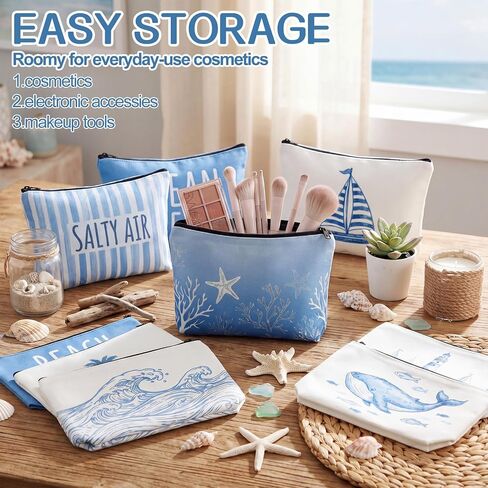 Hillban 12 Pcs Bulk Ocean Makeup Bags for Women Coastal Beach Themed Cruise Gift Bachelorette Party Favors Blue Seashell Cosmetic Pouches Sea Survival Kits for Travel Summer Vacation Gifts Supplies in Saudi Arabia