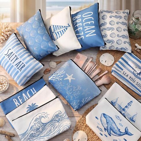 Hillban 12 Pcs Bulk Ocean Makeup Bags for Women Coastal Beach Themed Cruise Gift Bachelorette Party Favors Blue Seashell Cosmetic Pouches Sea Survival Kits for Travel Summer Vacation Gifts Supplies in Saudi Arabia