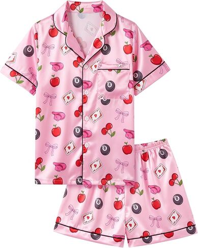 ICOSY Girls Pajamas Satin Pjs for Girls Silky Sleepwear 2 PCS Button-Down Top and Shorts for Kids Girl Pajamas Size 8-15 in Saudi Arabia