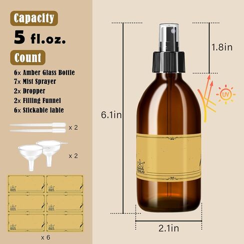 5oz Amber Glass Spray Bottles,6 Pack Small Refillable, for Essential Oils,Cleaning Solutions,Fine Mist for Hair,Facial Hydration,Aromatherapy,Plants,with Durable Nozzle,Labels,Pipettes,Funnels in Saudi Arabia