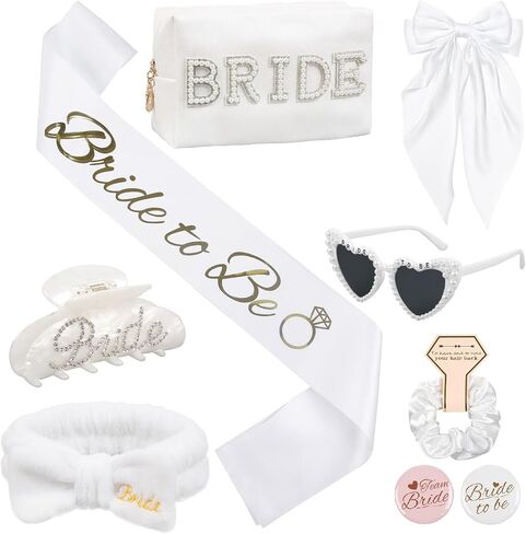 WOVOWOVO Bridal Shower Gifts for Bride To Be: Bachelorette Party Accessories Wedding Gifts - Bride Sash, Makeup Bag, Hair Clip, White Hair Bow, Sunglasses and Facial Headband in Kuwait
