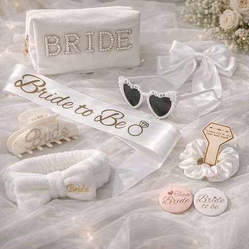 WOVOWOVO Bridal Shower Gifts for Bride To Be: Bachelorette Party Accessories Wedding Gifts - Bride Sash, Makeup Bag, Hair Clip, White Hair Bow, Sunglasses and Facial Headband in Kuwait