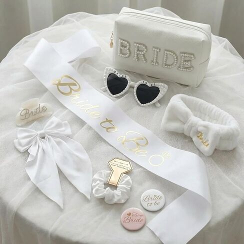WOVOWOVO Bridal Shower Gifts for Bride To Be: Bachelorette Party Accessories Wedding Gifts - Bride Sash, Makeup Bag, Hair Clip, White Hair Bow, Sunglasses and Facial Headband in Kuwait