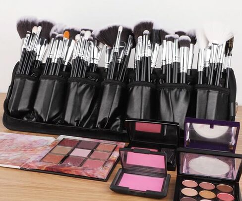 Professional Makeup Brush Organizer Bag - Leather Travel Case | Portable Cosmetic Bag with Multiple Pockets, Perfect for Makeup Artists & Daily Use to Hold & Protect Brushes Efficiently in Saudi Arabia