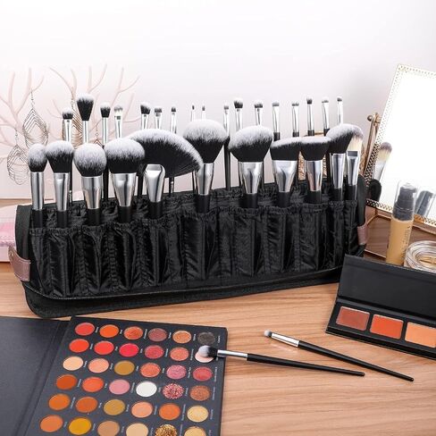 Professional Makeup Brush Organizer Bag - Leather Travel Case | Portable Cosmetic Bag with Multiple Pockets, Perfect for Makeup Artists & Daily Use to Hold & Protect Brushes Efficiently in Saudi Arabia