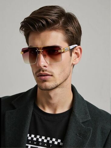 Unisex Square Aviator Sunglasses, Half-Rim Diamond-Cut Lens, Vintage Gradient Shade, Anti-Glare UV Protection in Saudi Arabia