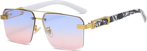 Unisex Square Aviator Sunglasses, Half-Rim Diamond-Cut Lens, Vintage Gradient Shade, Anti-Glare UV Protection in Saudi Arabia