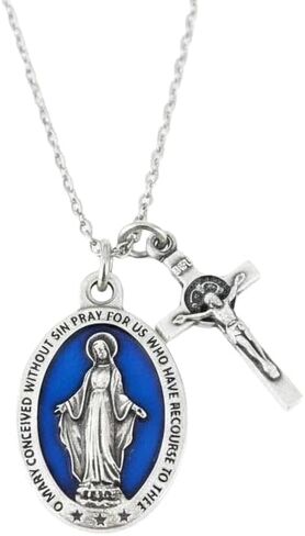 Blue Miraculous Mary Necklace with Crucifix Catholic Jewelry Medal Pendant | Handcrafted silver Miraculous Mary medal paired with a detailed crucifix on a durable stainless steel chain in Kuwait