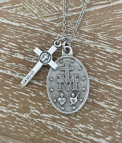 Blue Miraculous Mary Necklace with Crucifix Catholic Jewelry Medal Pendant | Handcrafted silver Miraculous Mary medal paired with a detailed crucifix on a durable stainless steel chain in Kuwait