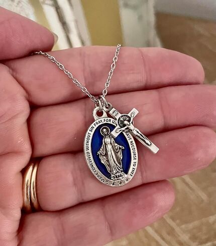 Blue Miraculous Mary Necklace with Crucifix Catholic Jewelry Medal Pendant | Handcrafted silver Miraculous Mary medal paired with a detailed crucifix on a durable stainless steel chain in Kuwait
