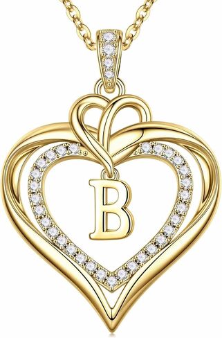 MONOOC Heart Initial Necklace for Women Teen Girls - 14K-Gold-Plated CZ Double Heart Necklaces for Women Letter Necklaces Jewelry for Woman Birthday Gifts for Woman Wife Mom Daughter in Saudi Arabia