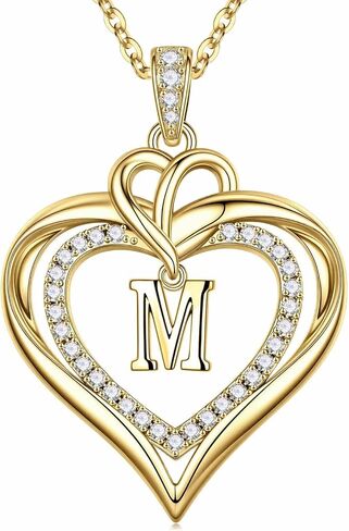 MONOOC Heart Initial Necklace for Women Teen Girls - 14K-Gold-Plated CZ Double Heart Necklaces for Women Letter Necklaces Jewelry for Woman Birthday Gifts for Woman Wife Mom Daughter in Saudi Arabia