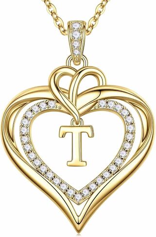 MONOOC Heart Initial Necklace for Women Teen Girls - 14K-Gold-Plated CZ Double Heart Necklaces for Women Letter Necklaces Jewelry for Woman Birthday Gifts for Woman Wife Mom Daughter in Saudi Arabia