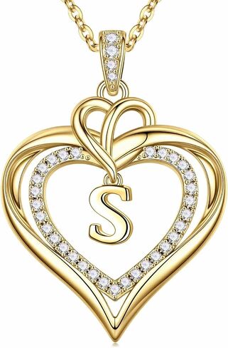 MONOOC Heart Initial Necklace for Women Teen Girls - 14K-Gold-Plated CZ Double Heart Necklaces for Women Letter Necklaces Jewelry for Woman Birthday Gifts for Woman Wife Mom Daughter in Saudi Arabia