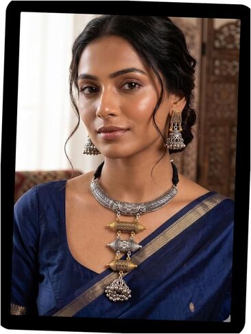 Indian Silver Gold Hasli Necklace Jewelry Set for Women Statement Afghani Two Tone Oxidised Ethnic Tribal Choker Necklace Earrings Birthday Gifts in Saudi Arabia