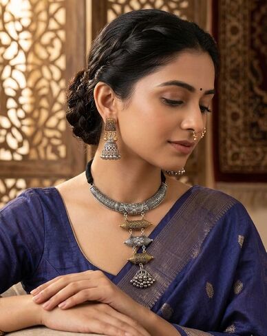 Indian Silver Gold Hasli Necklace Jewelry Set for Women Statement Afghani Two Tone Oxidised Ethnic Tribal Choker Necklace Earrings Birthday Gifts in Saudi Arabia