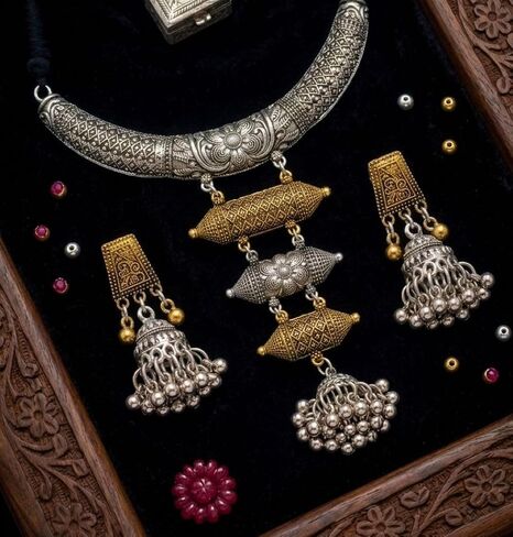 Indian Silver Gold Hasli Necklace Jewelry Set for Women Statement Afghani Two Tone Oxidised Ethnic Tribal Choker Necklace Earrings Birthday Gifts in Saudi Arabia