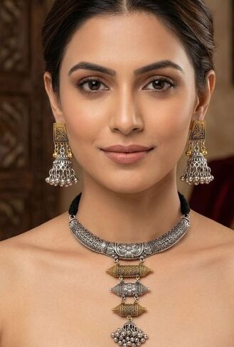 Indian Silver Gold Hasli Necklace Jewelry Set for Women Statement Afghani Two Tone Oxidised Ethnic Tribal Choker Necklace Earrings Birthday Gifts in Saudi Arabia
