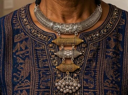 Indian Silver Gold Hasli Necklace Jewelry Set for Women Statement Afghani Two Tone Oxidised Ethnic Tribal Choker Necklace Earrings Birthday Gifts in Saudi Arabia