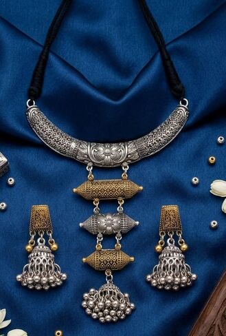 Indian Silver Gold Hasli Necklace Jewelry Set for Women Statement Afghani Two Tone Oxidised Ethnic Tribal Choker Necklace Earrings Birthday Gifts in Saudi Arabia