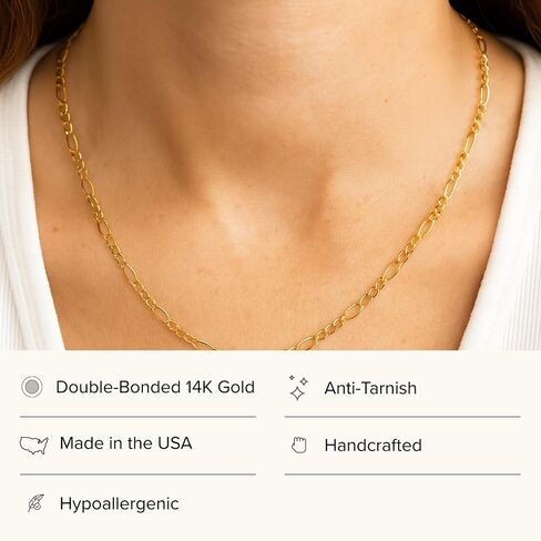 CROSS + CROWN 14K Yellow-Gold Figaro Chain Necklace, Adjustable, Double-Bonded 14K Yellow-Gold, with Premium Jewelry Box, Handcrafted Jewelry in the USA in Saudi Arabia