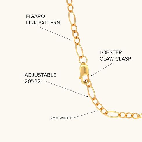 CROSS + CROWN 14K Yellow-Gold Figaro Chain Necklace, Adjustable, Double-Bonded 14K Yellow-Gold, with Premium Jewelry Box, Handcrafted Jewelry in the USA in Saudi Arabia