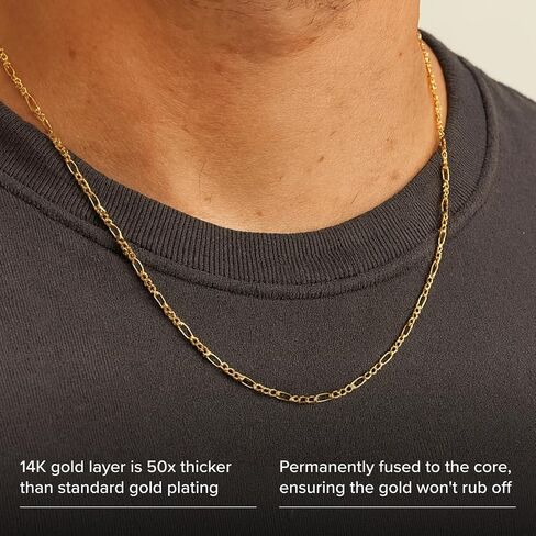 CROSS + CROWN 14K Yellow-Gold Figaro Chain Necklace, Adjustable, Double-Bonded 14K Yellow-Gold, with Premium Jewelry Box, Handcrafted Jewelry in the USA in Saudi Arabia