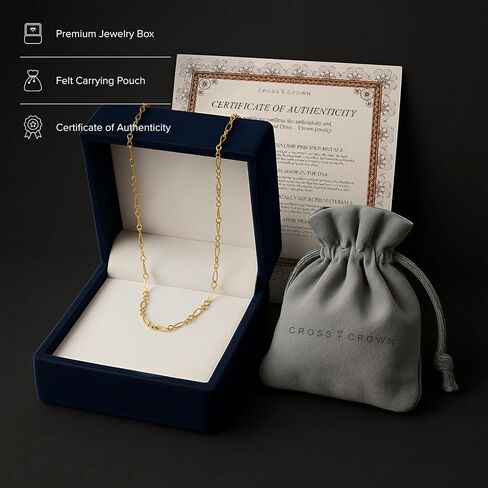 CROSS + CROWN 14K Yellow-Gold Figaro Chain Necklace, Adjustable, Double-Bonded 14K Yellow-Gold, with Premium Jewelry Box, Handcrafted Jewelry in the USA in Saudi Arabia