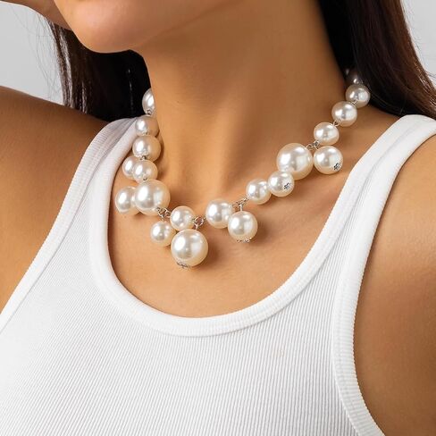 Pearl Necklaces for Women Big Pearl Statement Choker Necklace Adjustable Chunky Pearl Necklaces for Women White Pearl Beaded Necklace Large Pearl Necklace Wedding Pearl Jewelry in Saudi Arabia
