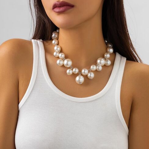 Pearl Necklaces for Women Big Pearl Statement Choker Necklace Adjustable Chunky Pearl Necklaces for Women White Pearl Beaded Necklace Large Pearl Necklace Wedding Pearl Jewelry in Saudi Arabia