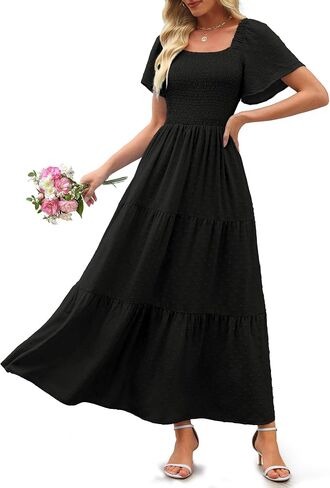 Womens Summer Boho Swiss Dot Maxi Dress 2026 Short Sleeve Smocked Square Neck Flowy Beach Vacation Long Dresses in Kuwait