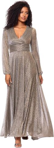 Betsy & Adam Women's Floor Length, Long Sleeve V-Neck Metallic Evening Gown with Empire Waist and Flowing Skirt, Mocha/Gold, 12P, Petite in Saudi Arabia