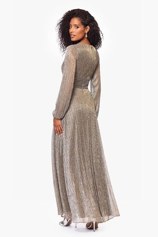 Betsy & Adam Women's Floor Length, Long Sleeve V-Neck Metallic Evening Gown with Empire Waist and Flowing Skirt, Mocha/Gold, 12P, Petite in Saudi Arabia