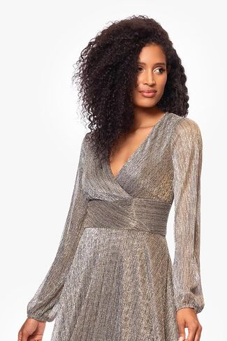 Betsy & Adam Women's Floor Length, Long Sleeve V-Neck Metallic Evening Gown with Empire Waist and Flowing Skirt, Mocha/Gold, 12P, Petite in Saudi Arabia