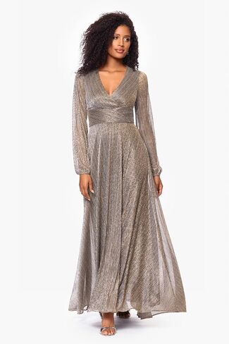 Betsy & Adam Women's Floor Length, Long Sleeve V-Neck Metallic Evening Gown with Empire Waist and Flowing Skirt, Mocha/Gold, 12P, Petite in Saudi Arabia