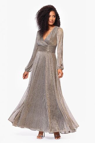 Betsy & Adam Women's Floor Length, Long Sleeve V-Neck Metallic Evening Gown with Empire Waist and Flowing Skirt, Mocha/Gold, 12P, Petite in Saudi Arabia