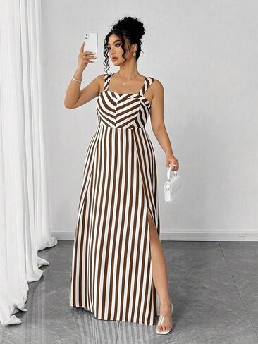 Women's Plus Size Maxi Dress, Square Neck Sleeveless Slit A-Line Dress in Kuwait