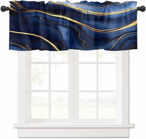 Marble Curtain Valance for Windows/Living Room/Kitchen/Bathroom/Farmhouse, Modern Navy Blue Abstract Gold Short Rod Pocket Tier Curtain Window Treatment, 1 Panel 54x18 in Saudi Arabia