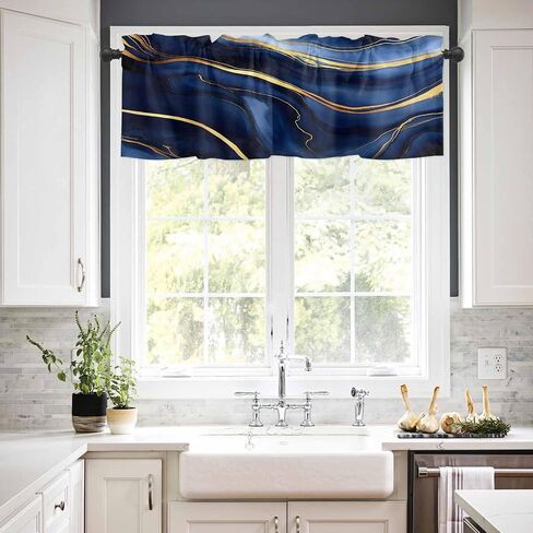 Marble Curtain Valance for Windows/Living Room/Kitchen/Bathroom/Farmhouse, Modern Navy Blue Abstract Gold Short Rod Pocket Tier Curtain Window Treatment, 1 Panel 54x18 in Saudi Arabia