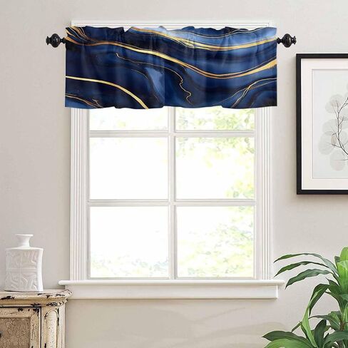 Marble Curtain Valance for Windows/Living Room/Kitchen/Bathroom/Farmhouse, Modern Navy Blue Abstract Gold Short Rod Pocket Tier Curtain Window Treatment, 1 Panel 54x18 in Saudi Arabia