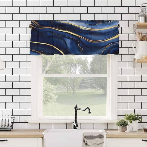 Marble Curtain Valance for Windows/Living Room/Kitchen/Bathroom/Farmhouse, Modern Navy Blue Abstract Gold Short Rod Pocket Tier Curtain Window Treatment, 1 Panel 54x18 in Saudi Arabia