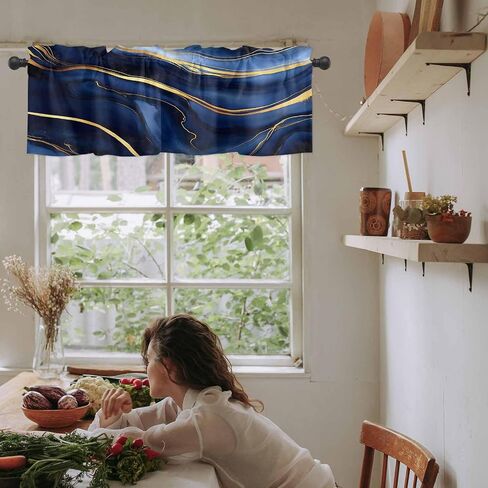 Marble Curtain Valance for Windows/Living Room/Kitchen/Bathroom/Farmhouse, Modern Navy Blue Abstract Gold Short Rod Pocket Tier Curtain Window Treatment, 1 Panel 54x18 in Saudi Arabia