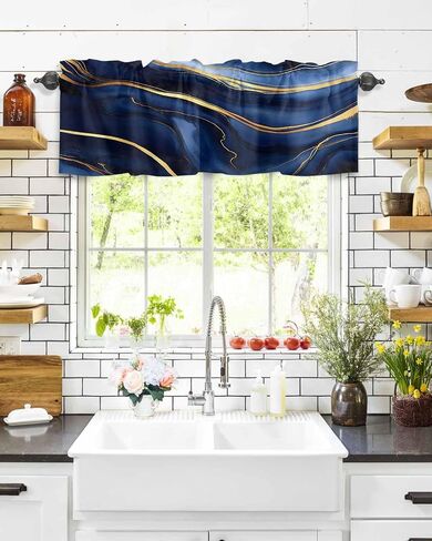 Marble Curtain Valance for Windows/Living Room/Kitchen/Bathroom/Farmhouse, Modern Navy Blue Abstract Gold Short Rod Pocket Tier Curtain Window Treatment, 1 Panel 54x18 in Saudi Arabia