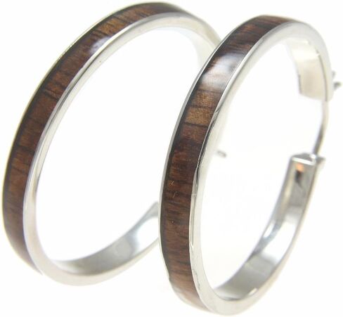 Koa Wood Hawaiian Rhodium Plated Brass 39mm Round Hoop Snap Closure Earrings in Saudi Arabia