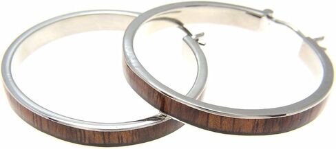 Koa Wood Hawaiian Rhodium Plated Brass 39mm Round Hoop Snap Closure Earrings in Saudi Arabia