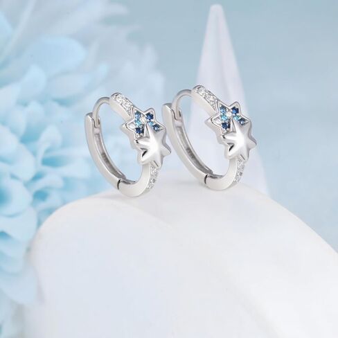S925 Sterling Silver Star Huggie Earrings with Blue Cubic Zirconia Celestial Double Star Hoop Earrings for Women Hypoallergenic Small Cartilage Cuff Star Dainty Gifts for Birthday Party Girlfriend in Saudi Arabia
