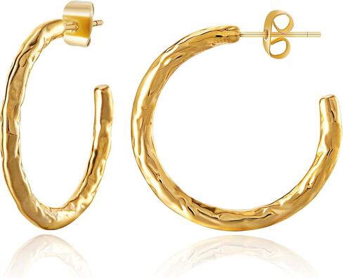 14K Gold Plated Hammered Hoop Earrings for Women - 30mm Medium Open C Shaped Textured Circle Studs, Lightweight Minimalist Molten Metal Jewelry Gifts in Saudi Arabia