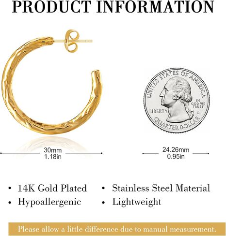 14K Gold Plated Hammered Hoop Earrings for Women - 30mm Medium Open C Shaped Textured Circle Studs, Lightweight Minimalist Molten Metal Jewelry Gifts in Saudi Arabia