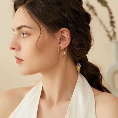14K Gold Plated Hammered Hoop Earrings for Women - 30mm Medium Open C Shaped Textured Circle Studs, Lightweight Minimalist Molten Metal Jewelry Gifts in Saudi Arabia